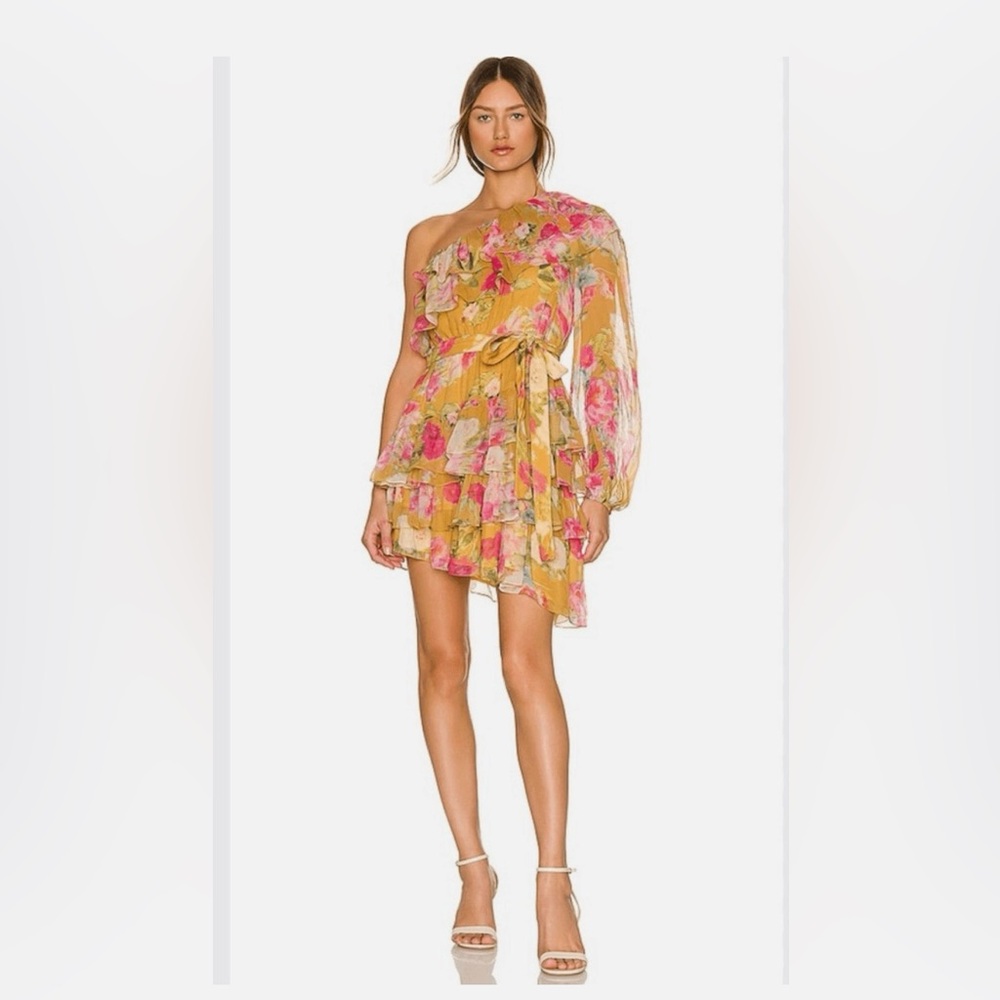 Rococo Sand Avar Yellow Floral One-Shoulder Ruffle Dress NWT